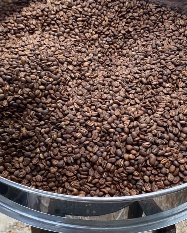 Café recién tostado en la bandeja del enfriador